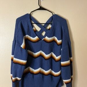 Elegant Chevron V-Neck Sweater in Blue and Brown